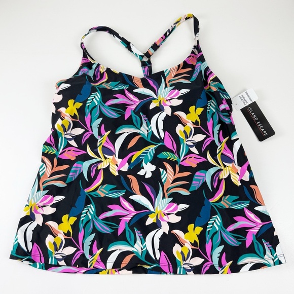 Island Escape Racerback Tankini Bikini Top 6 Black Multi Floral Underwire NWT - Picture 1 of 8